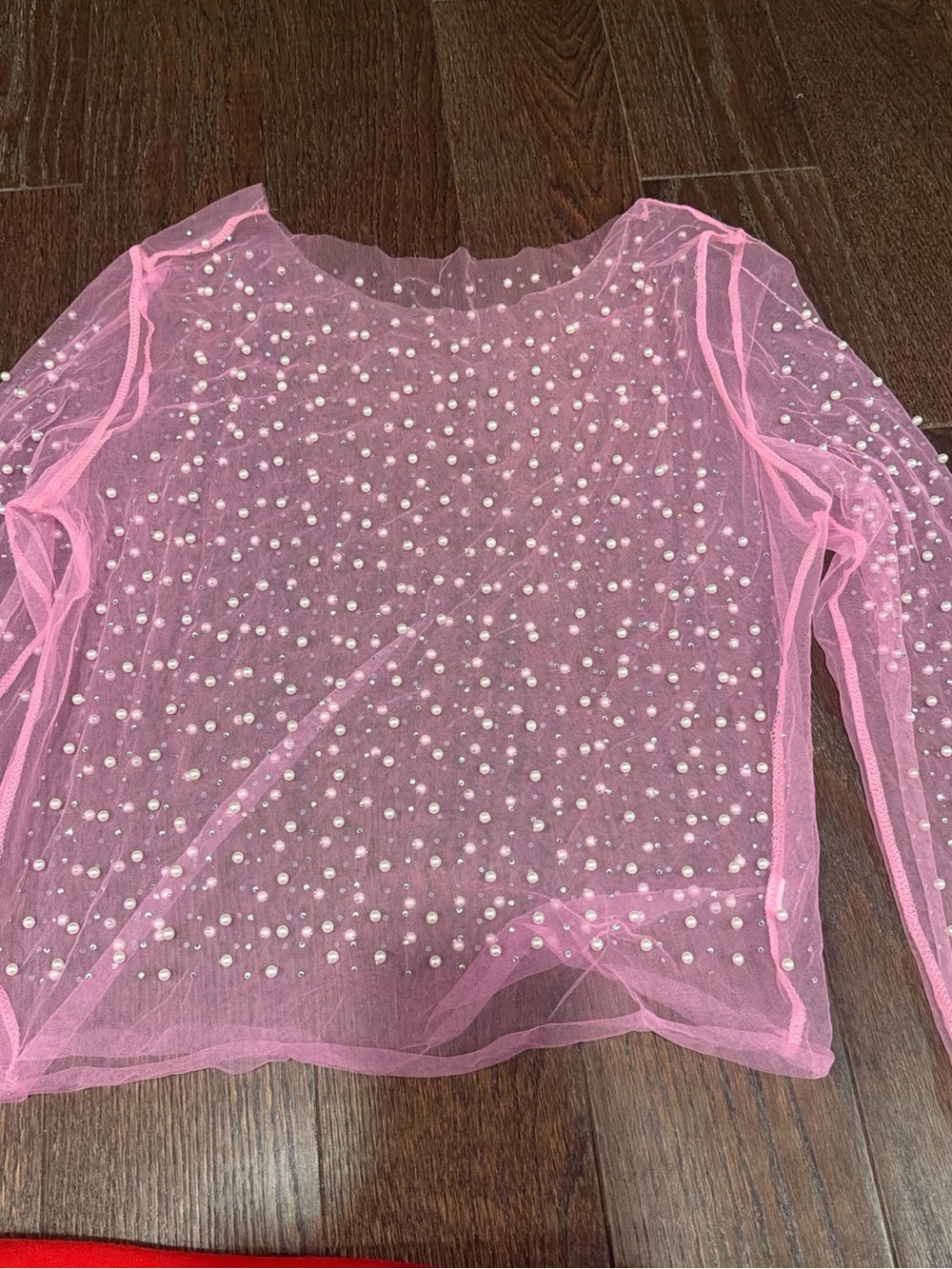 Amazon Pink Sheer Pearl-Embellished Long Sleeve Top